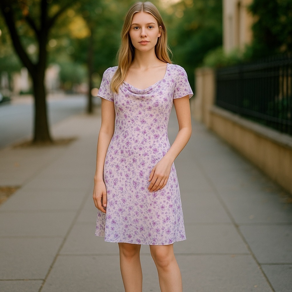 SCARLETT Size 14 Purple Ivory Chiffon Short Sleeve Cowl-neck Dress